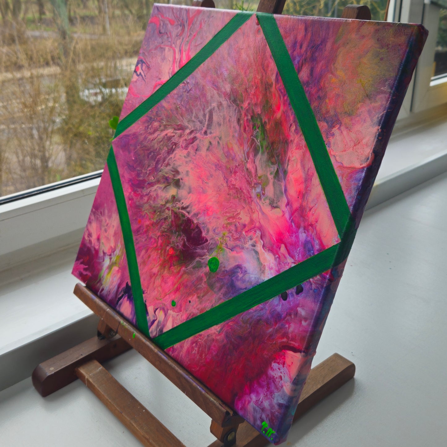 UV reactive abstract painting with green square – Emerald Prism by Tori Nagay