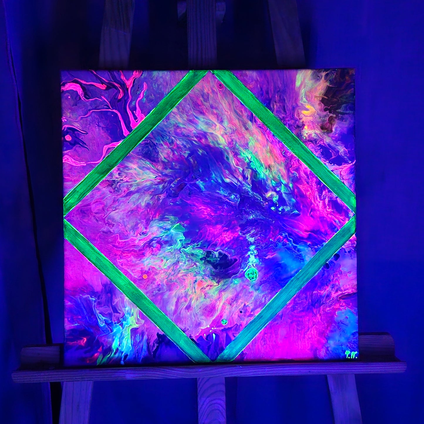 UV reactive abstract painting with green square – Emerald Prism by Tori Nagay