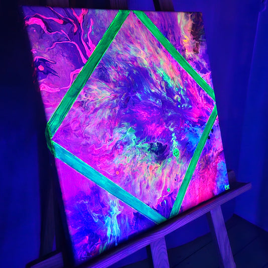UV reactive abstract painting with green square – Emerald Prism by Tori Nagay