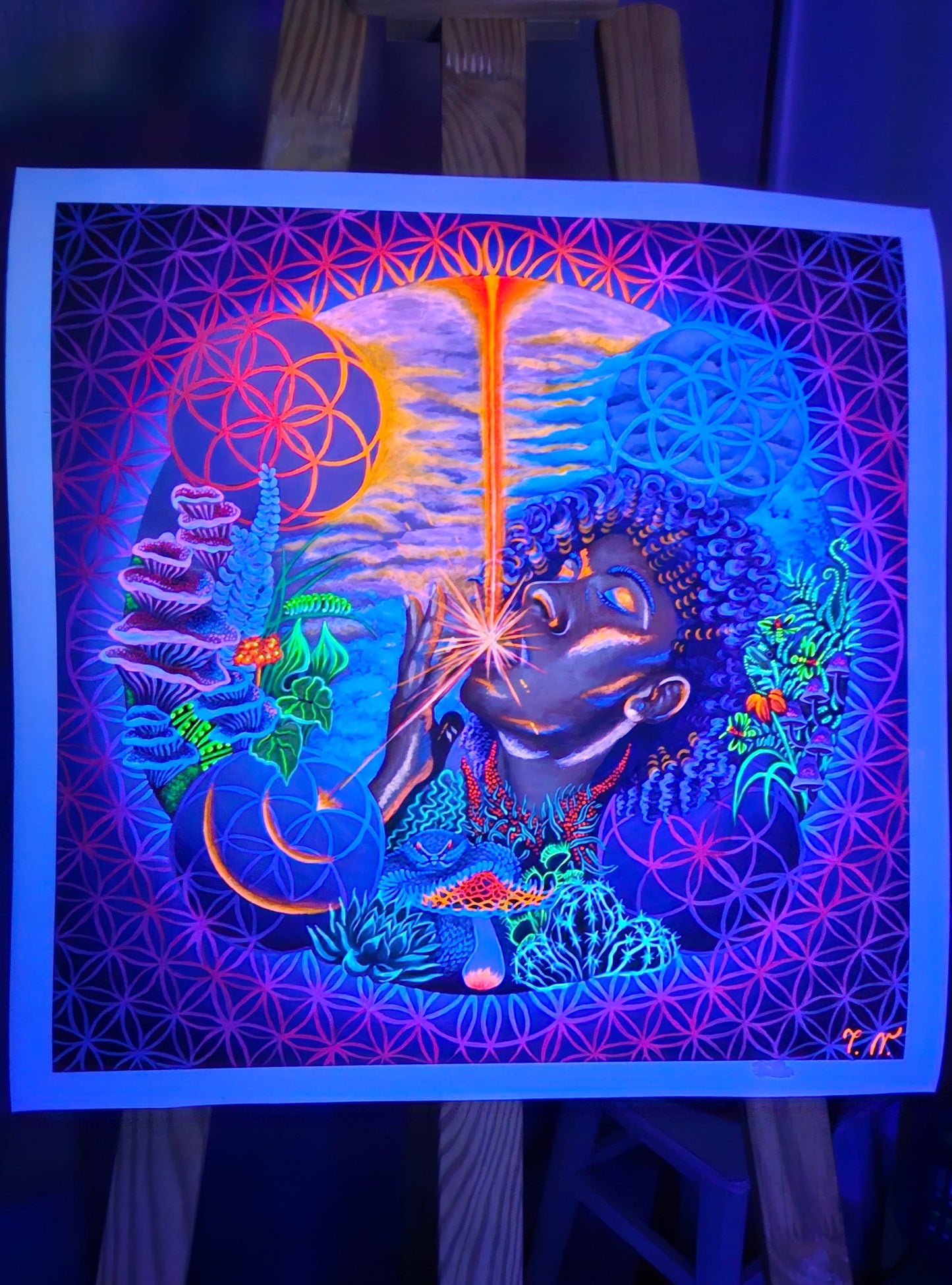 Limited edition embellished psychedelic print with neon glow effect