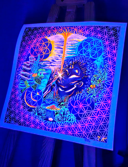 A vibrant, multicolored 'The Drip' UV-reactive print artwork illuminated under ultraviolet light, featuring intricate patterns and a central figure.