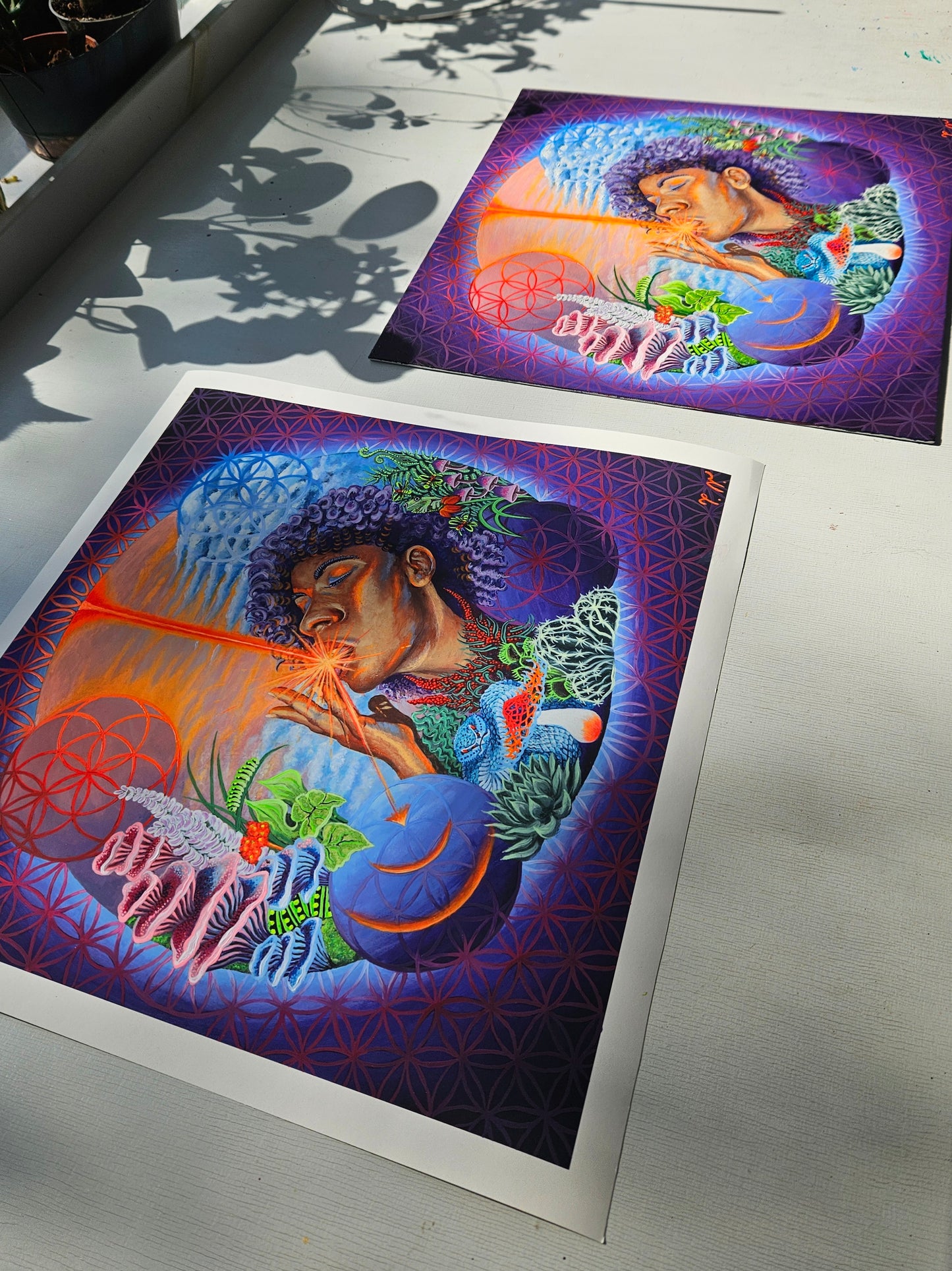 Limited edition embellished psychedelic print with neon glow effect