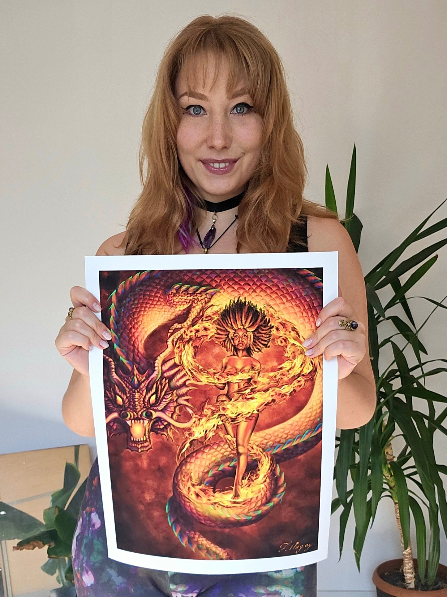 Digital art print of a Black woman and red dragon – Fuette by Tori Nagay