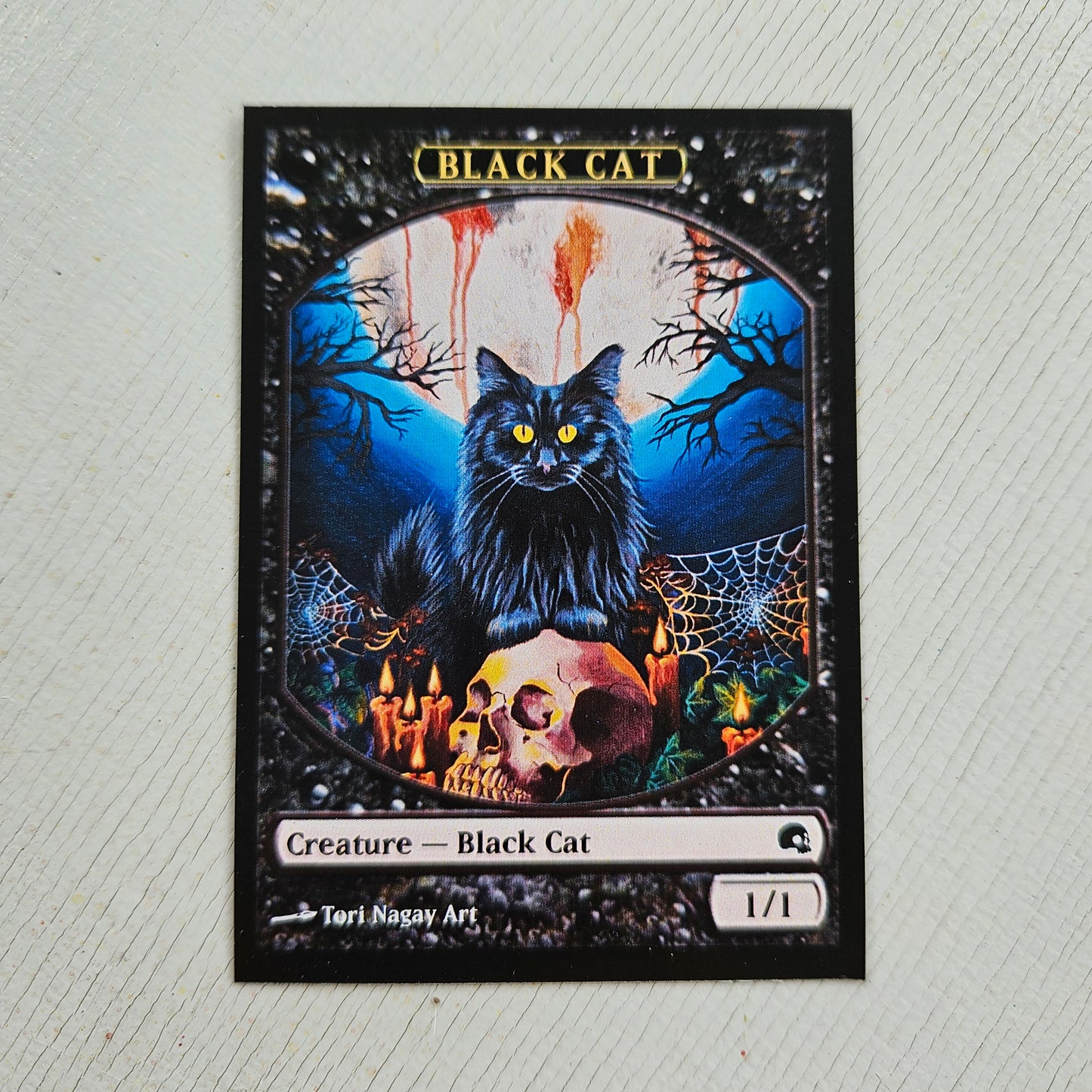 Custom Magic The Gathering tokens with fantasy artwork black cat by Tori Nagay