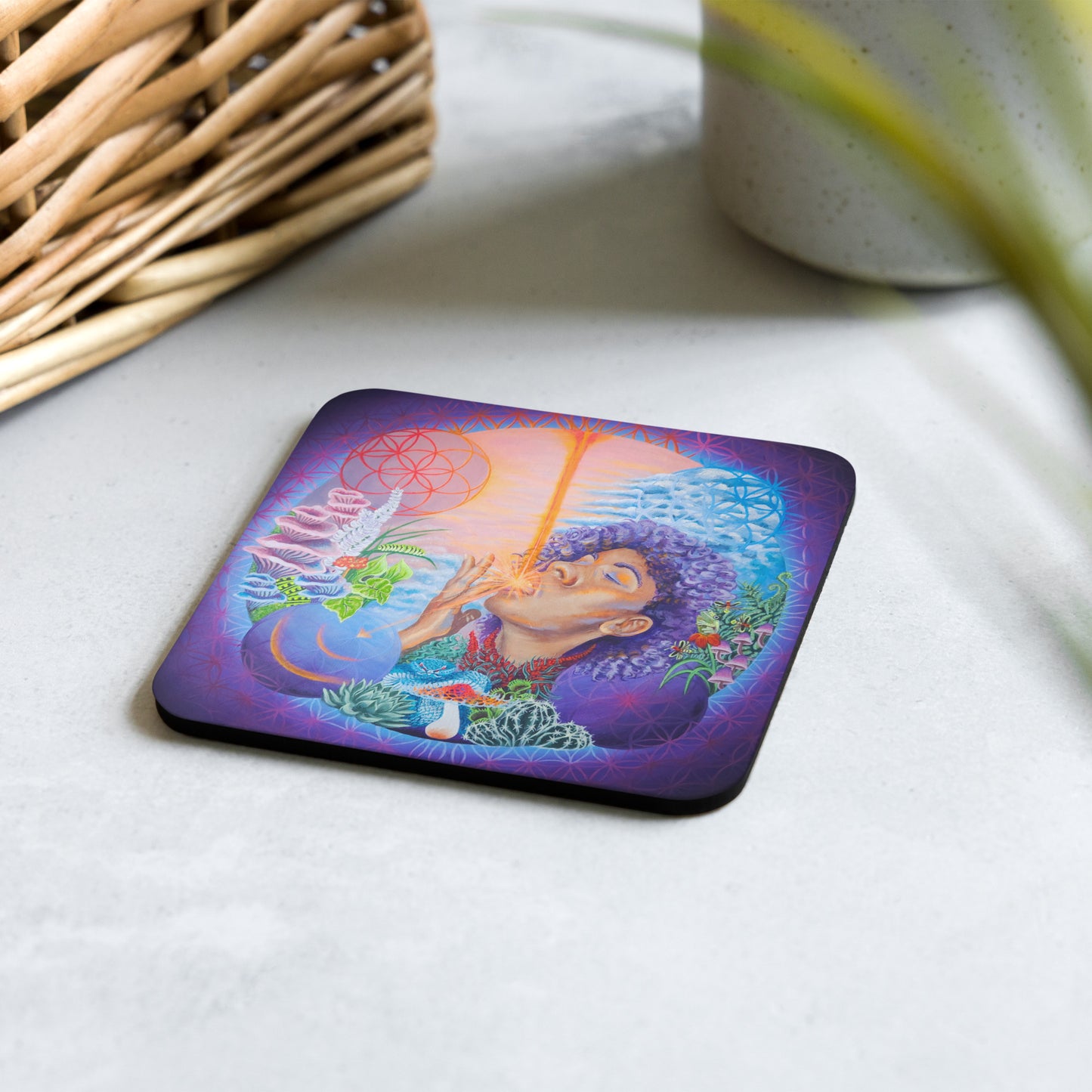 Colorful psychedelic art coaster with figure licking acid – The Drip by Tori Nagay
