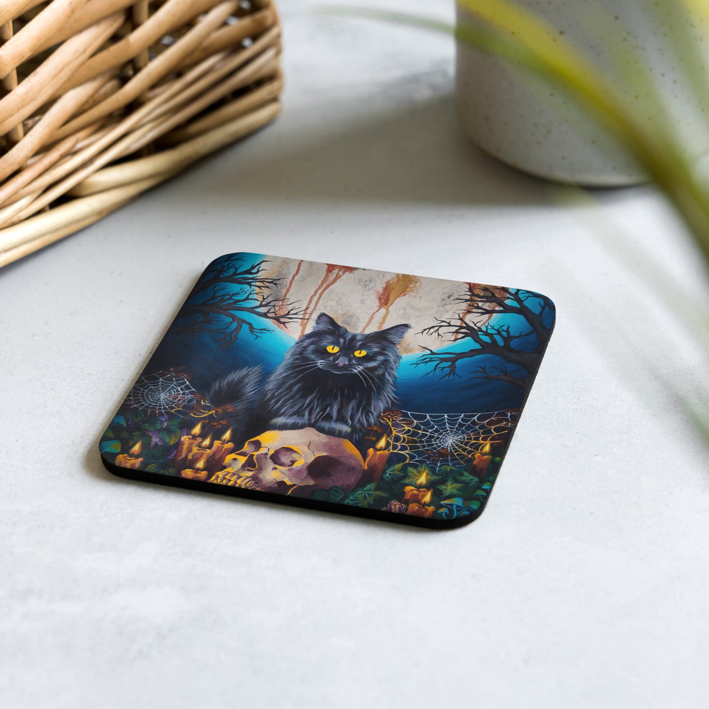 Halloween coaster with black cat and skull by Tori Nagay