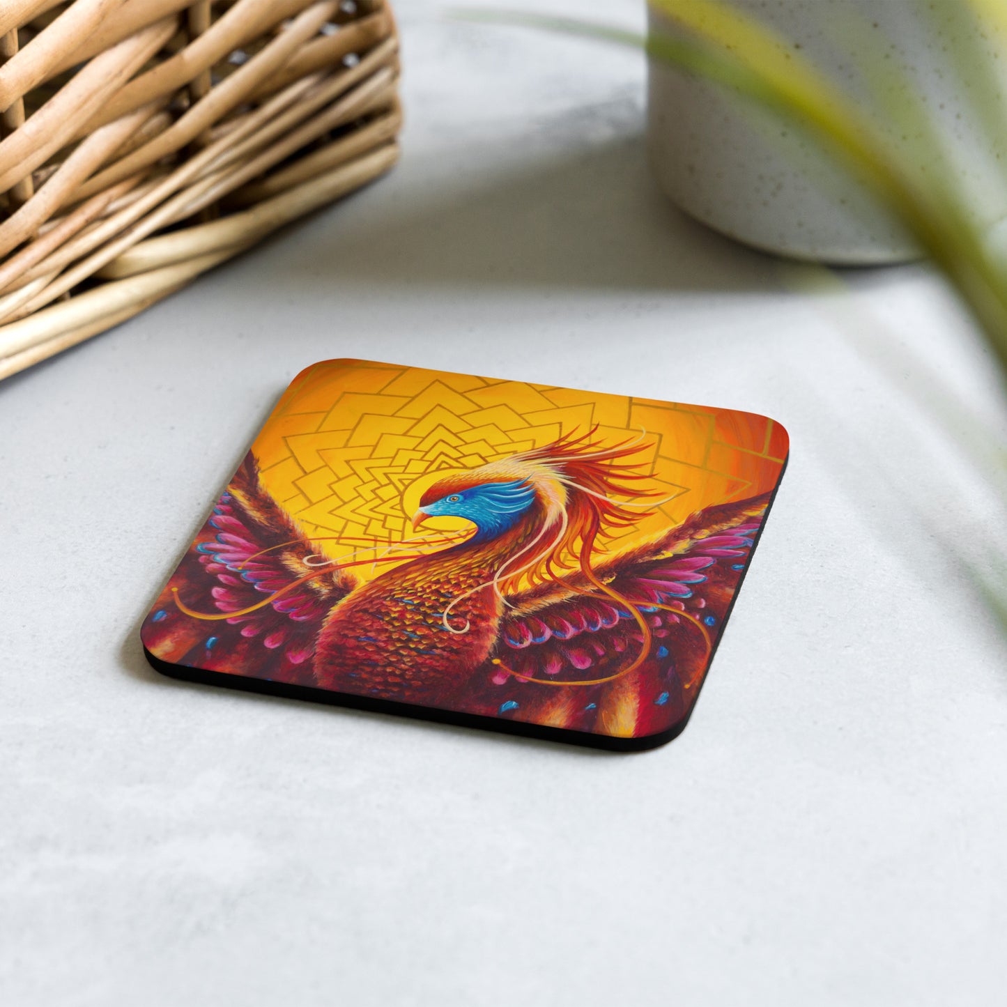 Fantasy cork coaster with mystical phoenix artwork