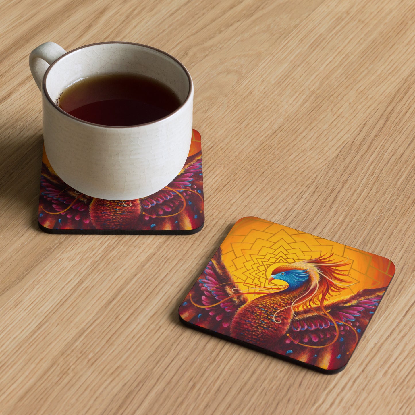 Fantasy cork coaster with mystical phoenix artwork