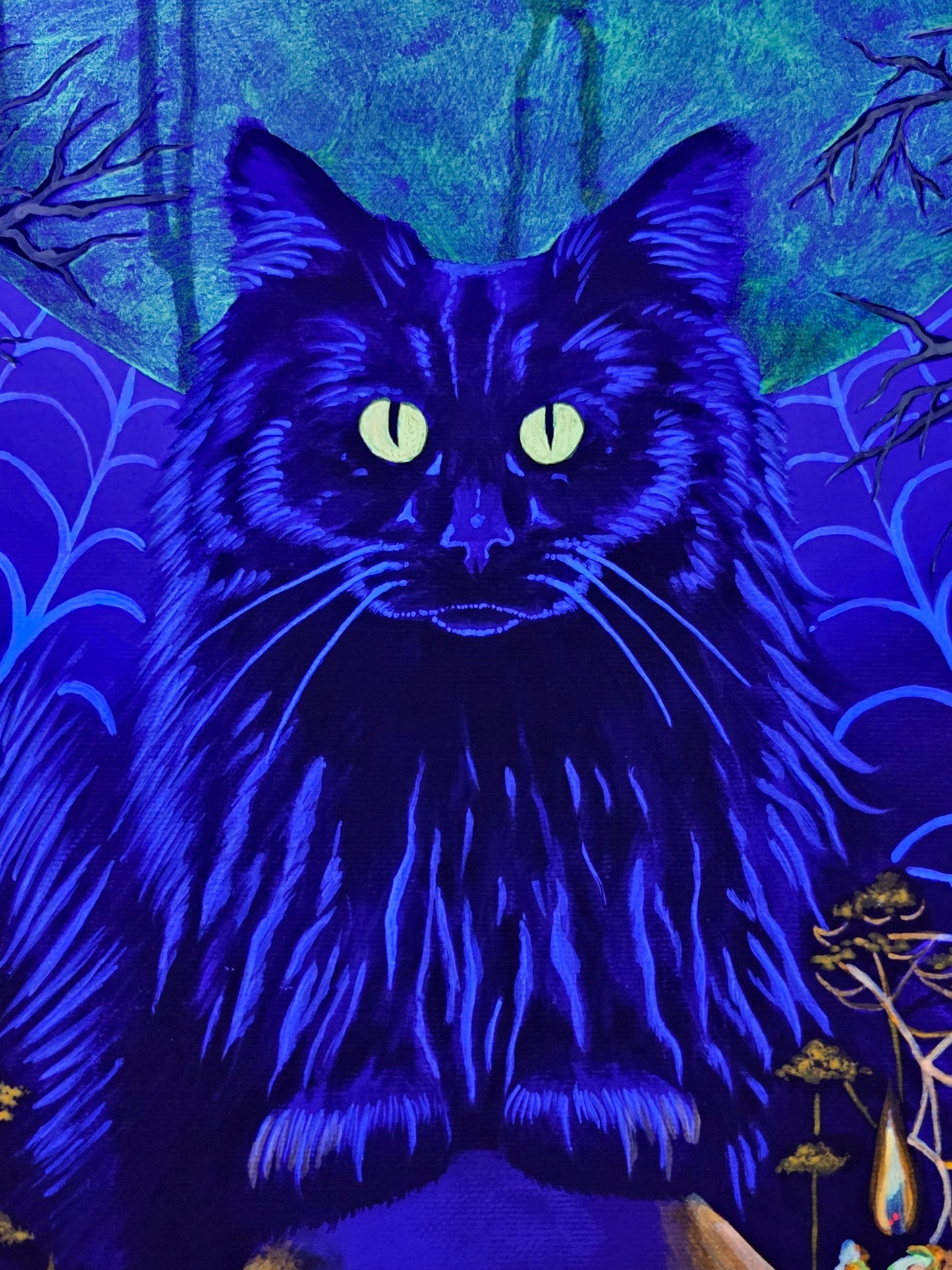 Black cat with glowing eyes on a blue and green background