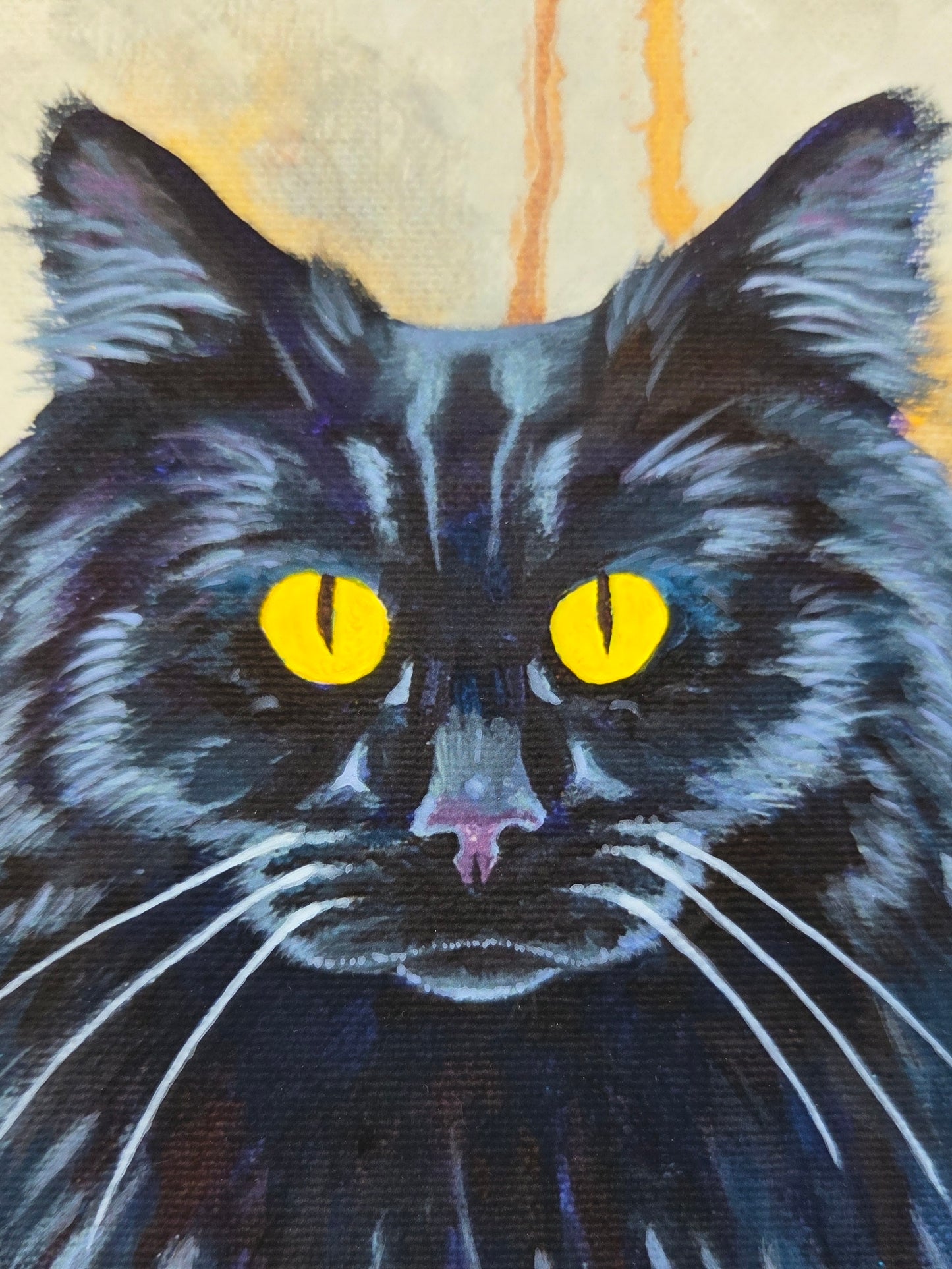 Artistic depiction of a black cat with yellow eyes on a textured background