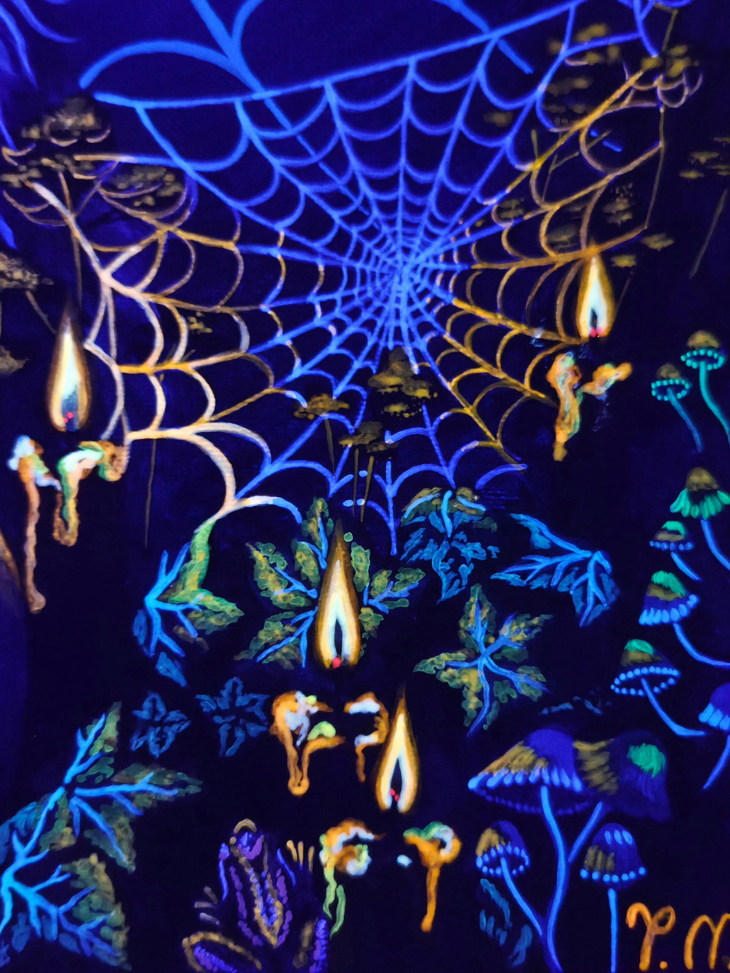 Glowing spider web with decorative elements on a dark background