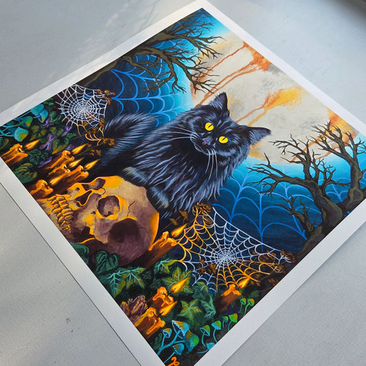Colorful artwork of a black cat with yellow eyes on a Halloween-themed background.
