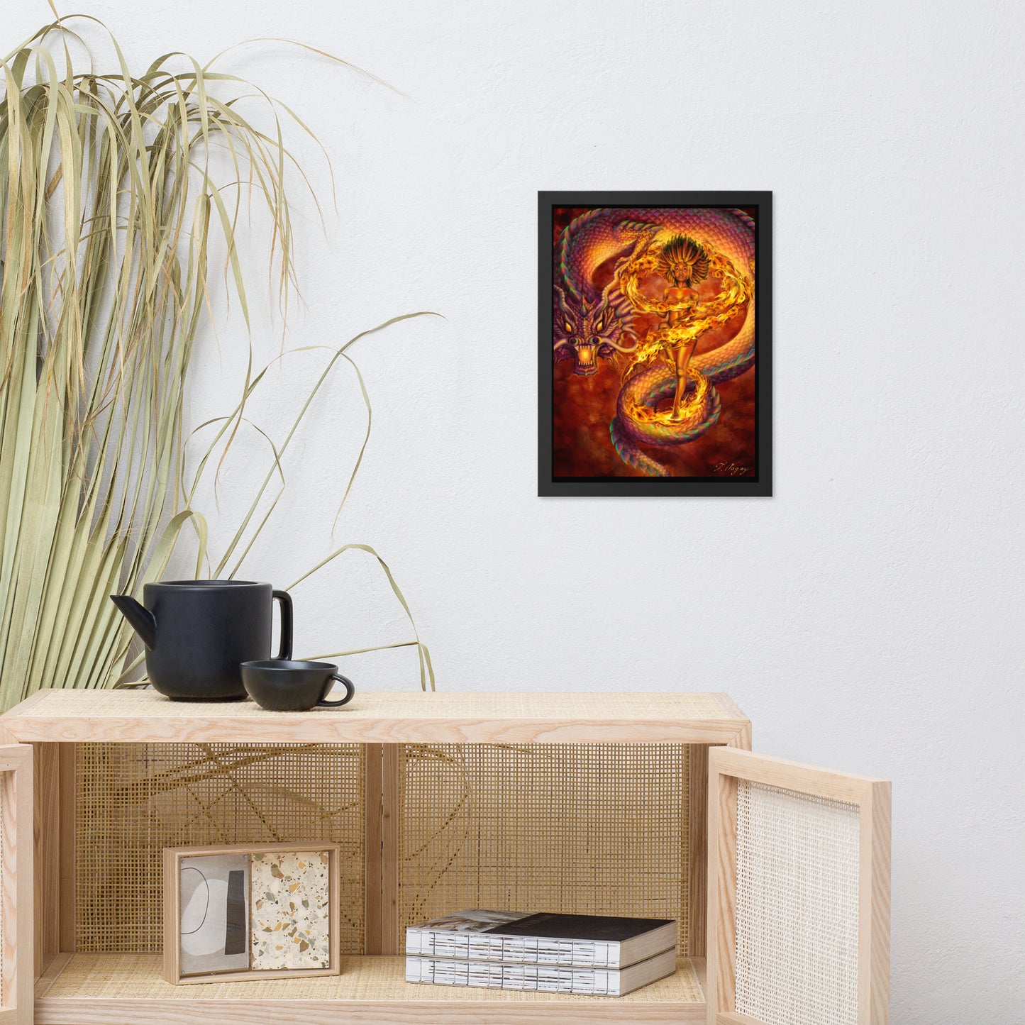 Fuette digital art print – Black woman with flames and red dragon