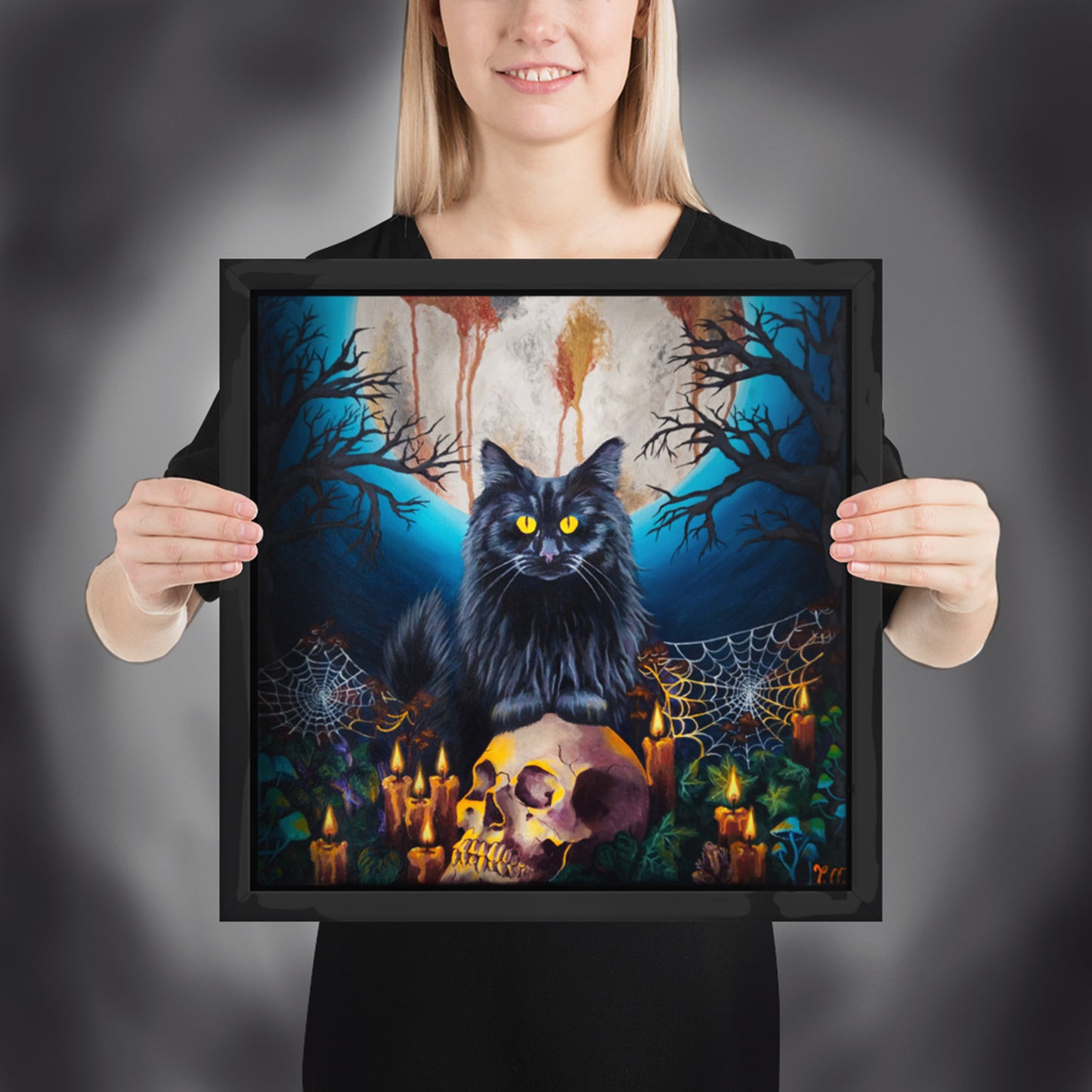 Framed Halloween cat art print – Embracing the Moonlight by Tori Nagay