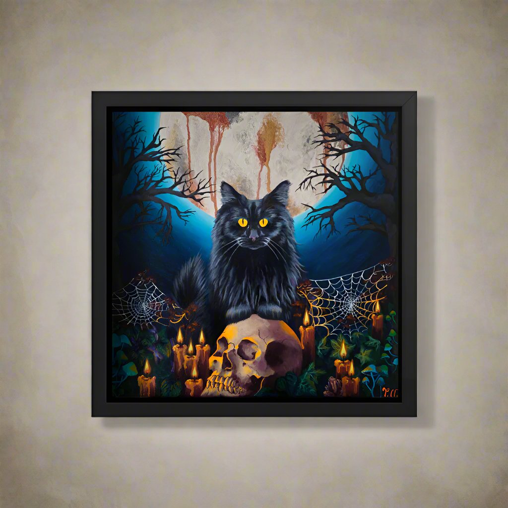 Framed Halloween cat art print – Embracing the Moonlight by Tori Nagay
