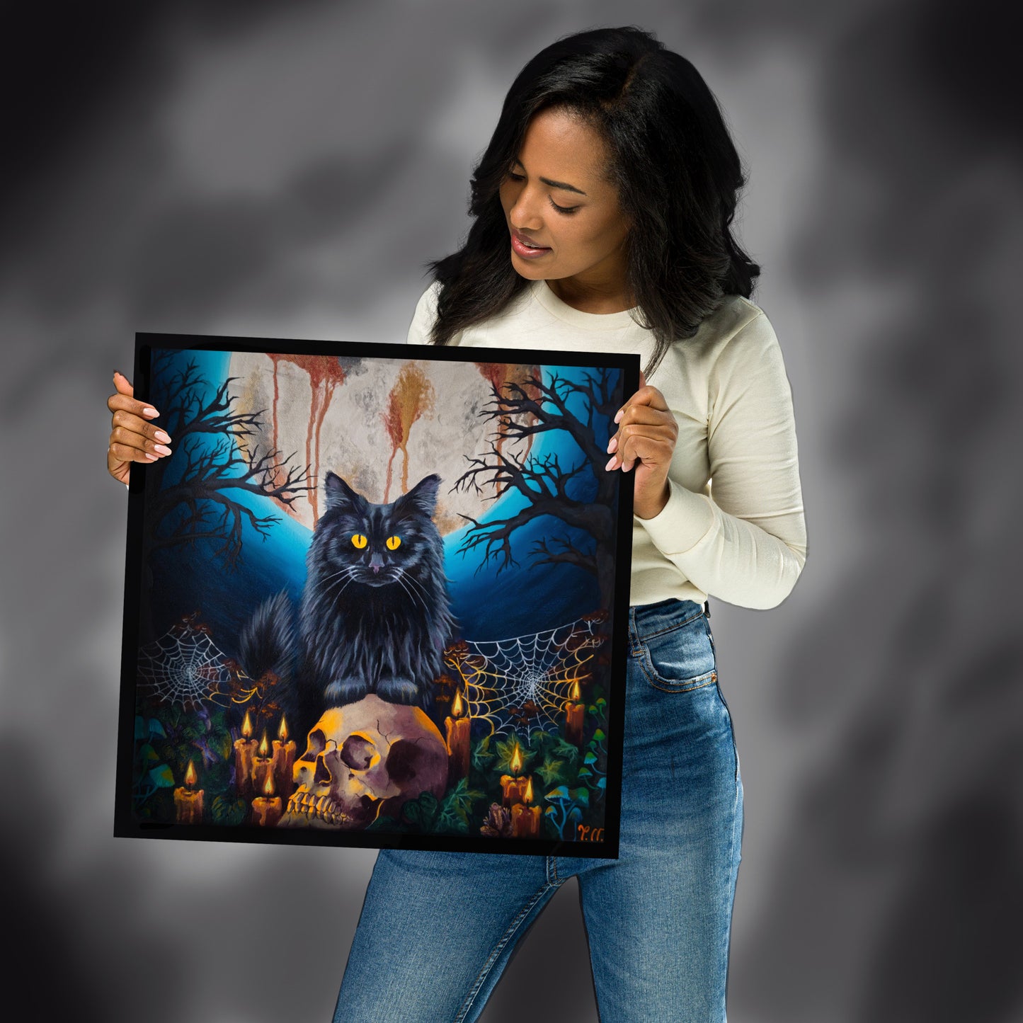Black cat sitting on skull under moonlight – spooky art print
