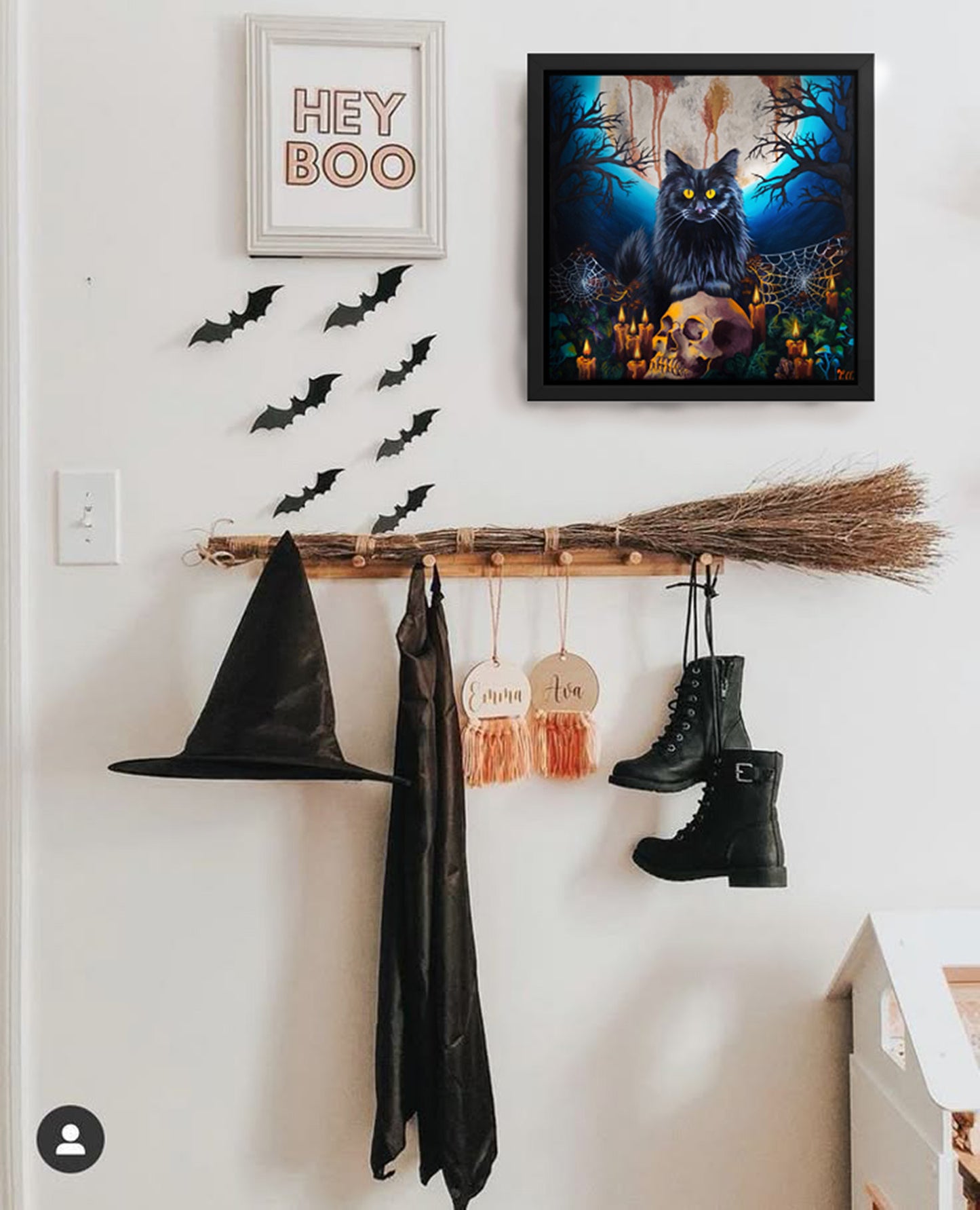 Framed Halloween cat art print – Embracing the Moonlight by Tori Nagay