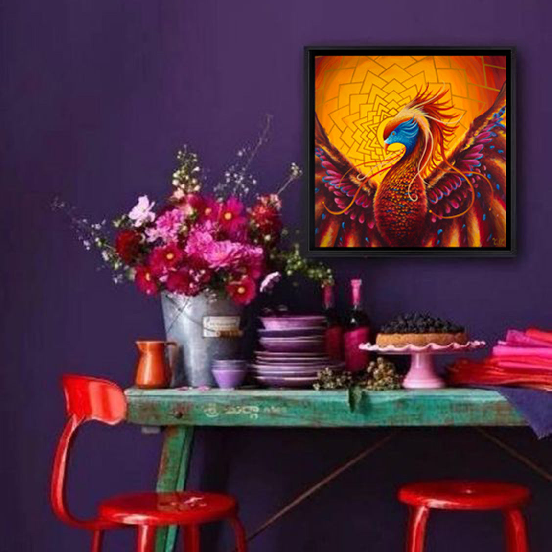 Mythical phoenix illustration in 16x16 inch poster format