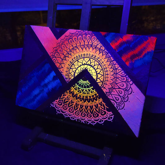 “Radiant Geometries mandala painting glowing under UV blacklight – neon psychedelic art by Tori Nagay.”
