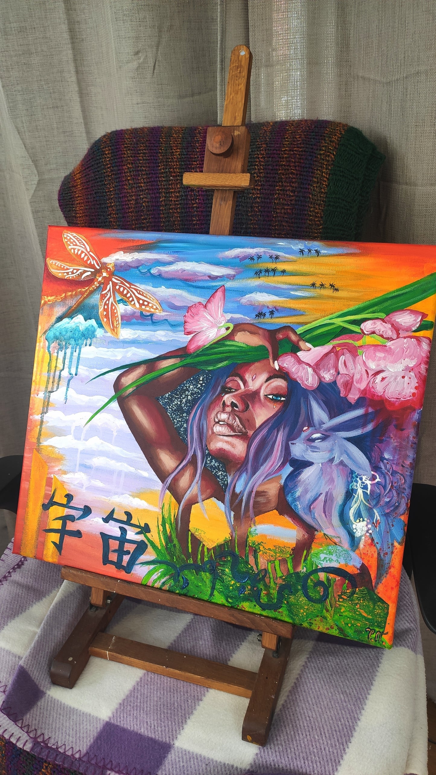 Original painting titled Space by Tori Nagay featuring a Black woman with purple hair in a cosmic sunset background
