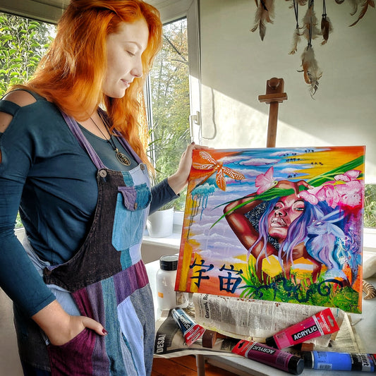 Tori Nagay is painting an original acrylic painting titled 'Space', featuring a figure with purple hair and surrounded by colorful cosmic patterns.