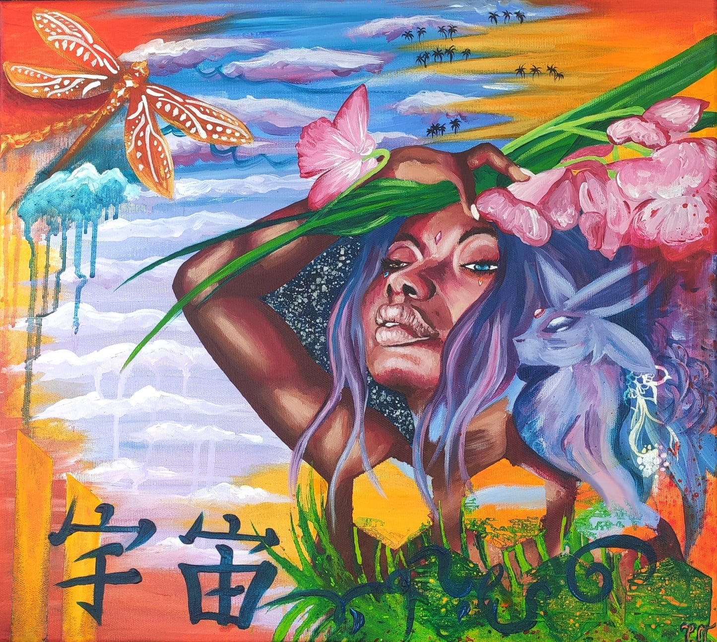 Original painting titled Space by Tori Nagay featuring a Black woman with purple hair in a cosmic sunset background
