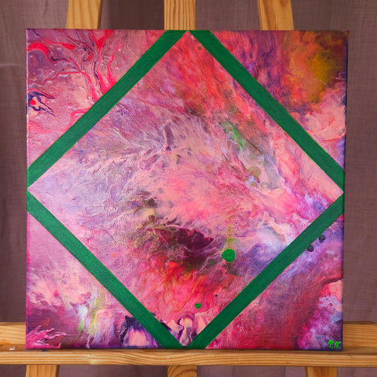 An abstract original painting featuring swirls of pink, white, and green, with a prominent green UV square in the center, displayed on a wooden easel.