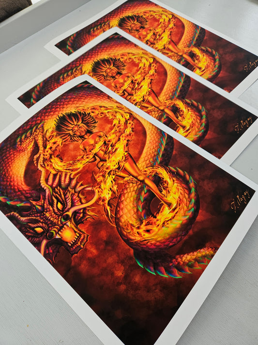 Digital art print of a Black woman and red dragon – Fuette by Tori Naga