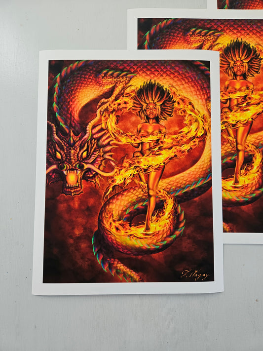 A printed artwork depicting a fiery dragon-like creature with a ornate, golden body and intricate patterns, set against a warm, glowing background.