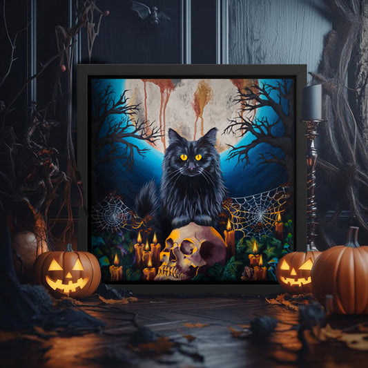 Framed Halloween cat art print – Embracing the Moonlight by Tori Nagay