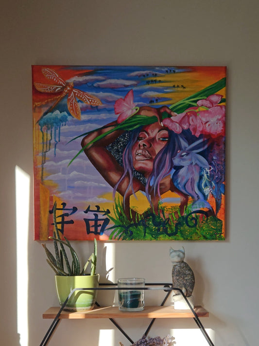 Original painting titled Space by Tori Nagay featuring a Black woman with purple hair in a cosmic sunset background