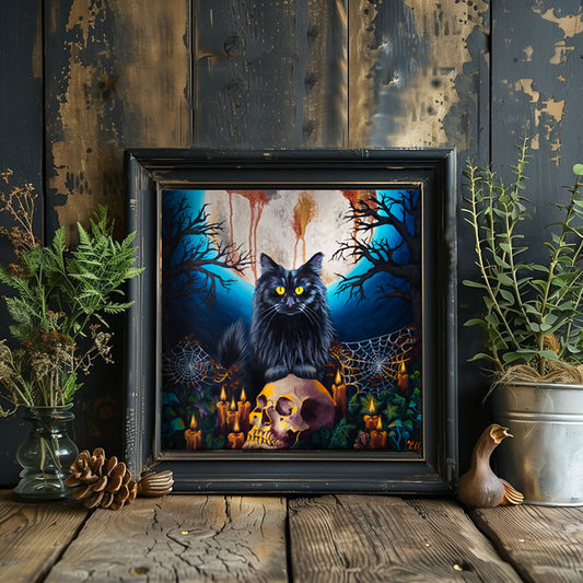 Black cat sitting on skull under moonlight – spooky art print