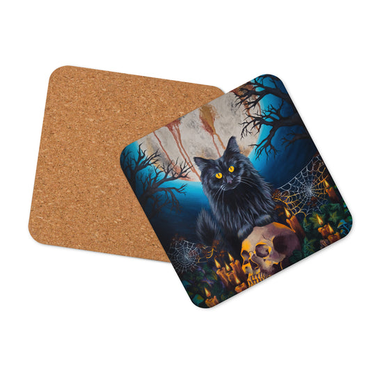 Halloween coaster with black cat and skull by Tori Nagay