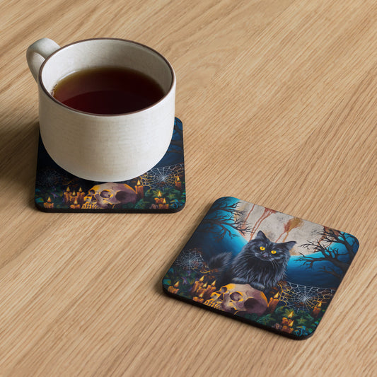 Halloween coaster with black cat and skull by Tori Nagay