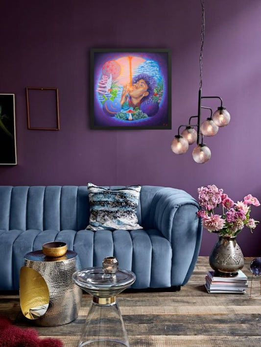 Framed psychedelic art print featuring surreal acid trip-inspired scene – The Drip by Tori Nagay