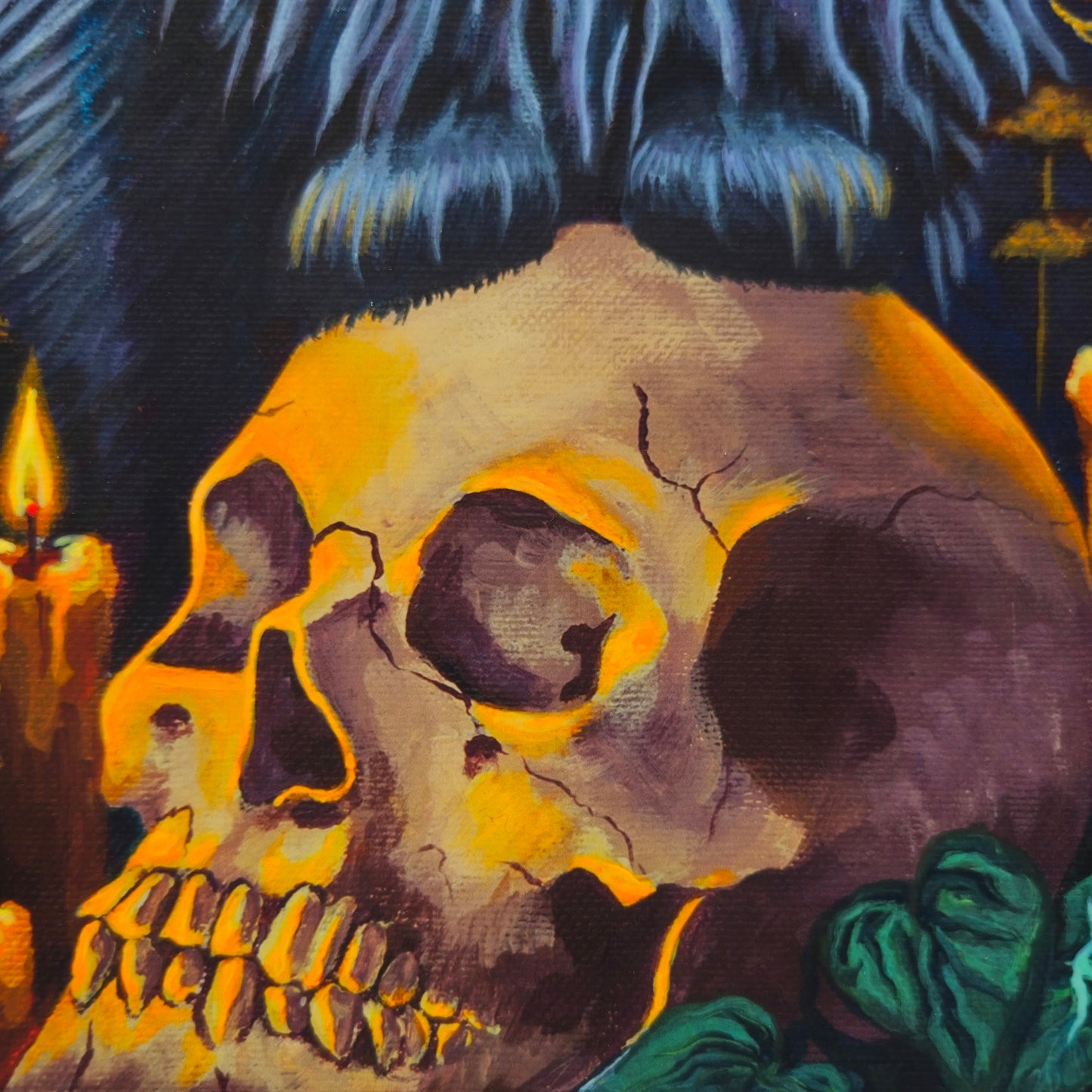 Artistic depiction of a skull with candles and foliage in a dark setting