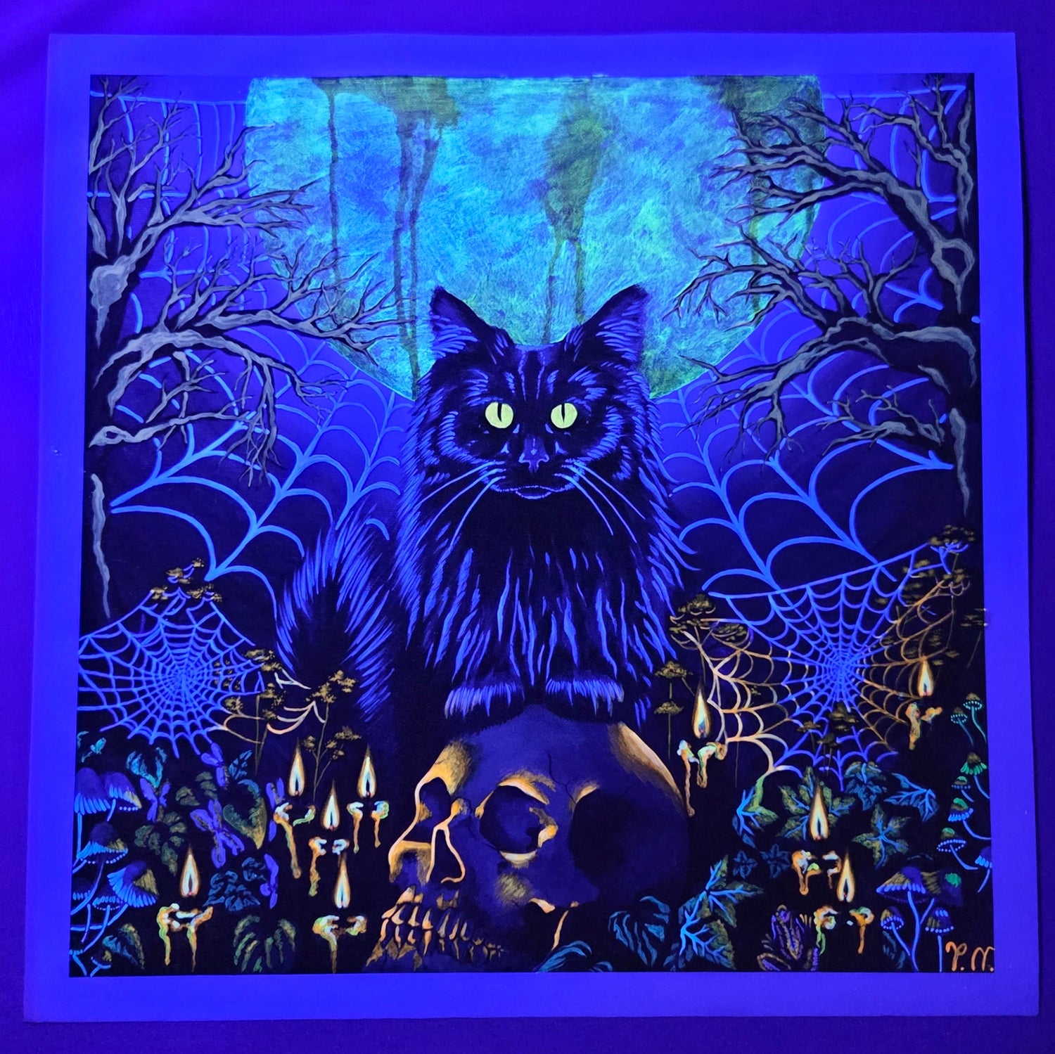 Glowing black cat with spider webs and candles in a mystical forest setting