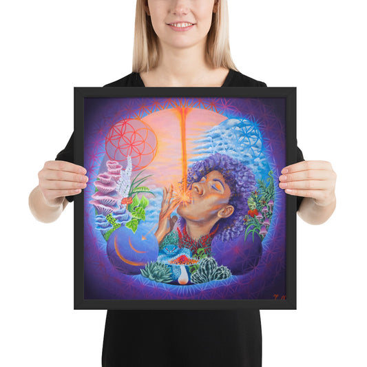 Framed psychedelic art print featuring surreal acid trip-inspired scene – The Drip by Tori Nagay