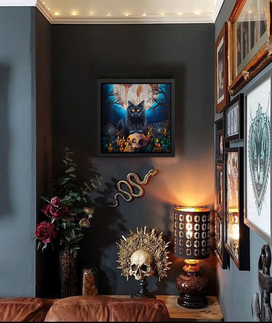 Framed Halloween cat art print – Embracing the Moonlight by Tori Nagay