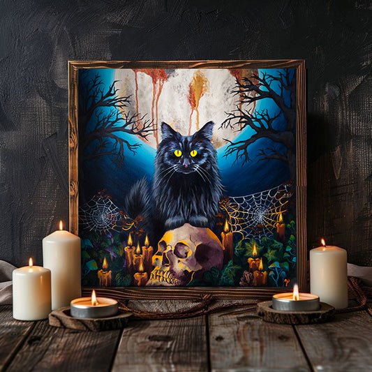 A 16x16 inch print featuring a Halloween-themed scene with a black cat, a moon, and decorative elements like spider webs and skulls.