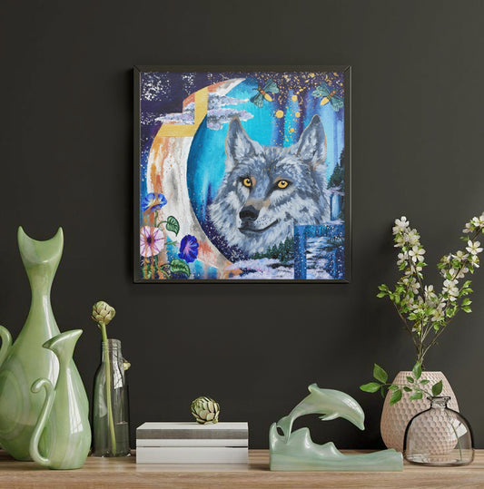 Framed print of mystical wolf art titled 'The Night' by Tori Nagay, with moon and fireflies in night sky